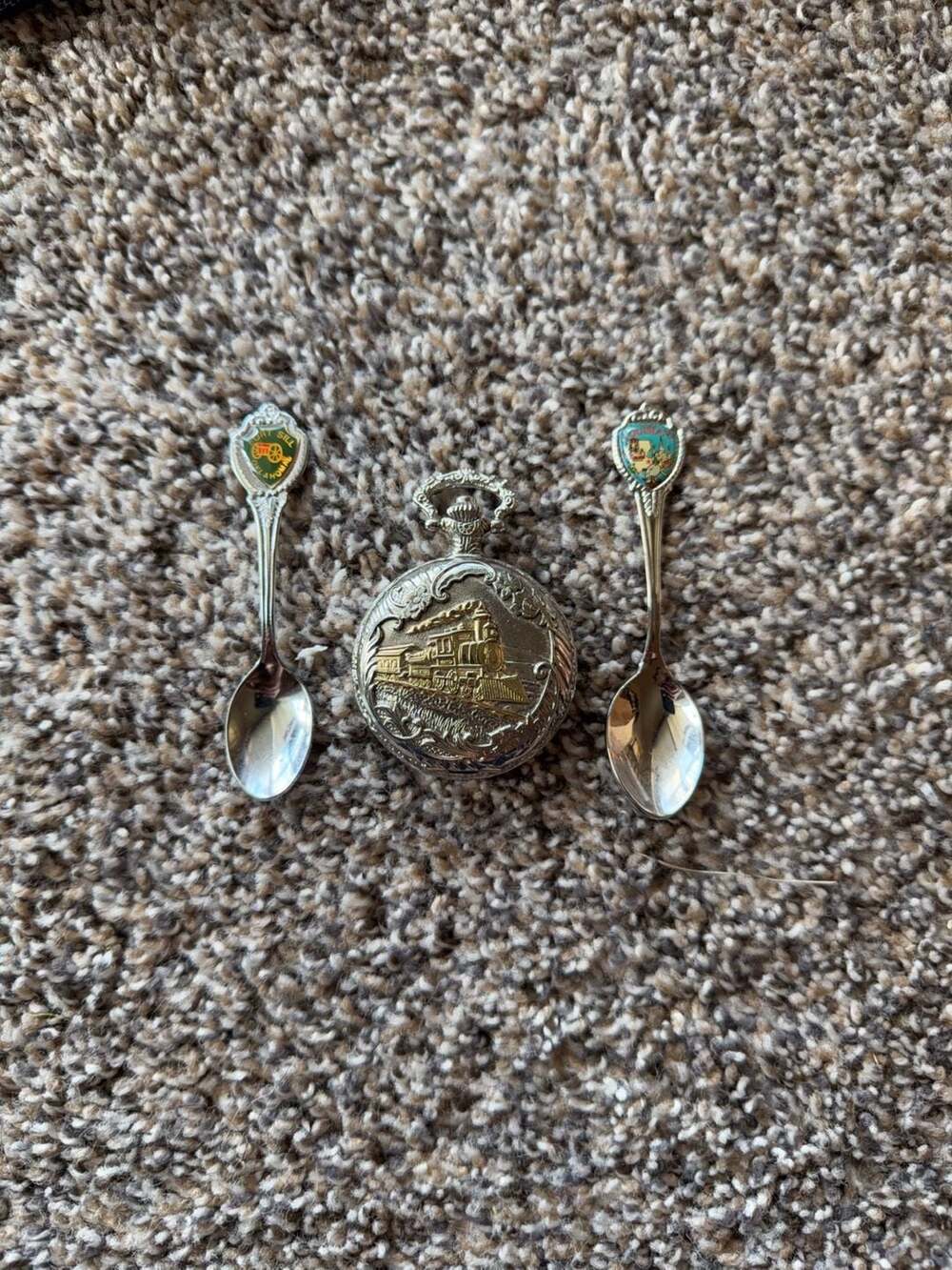 Vintage Train Pocket Watch and Two Souvenir Spoons Set
